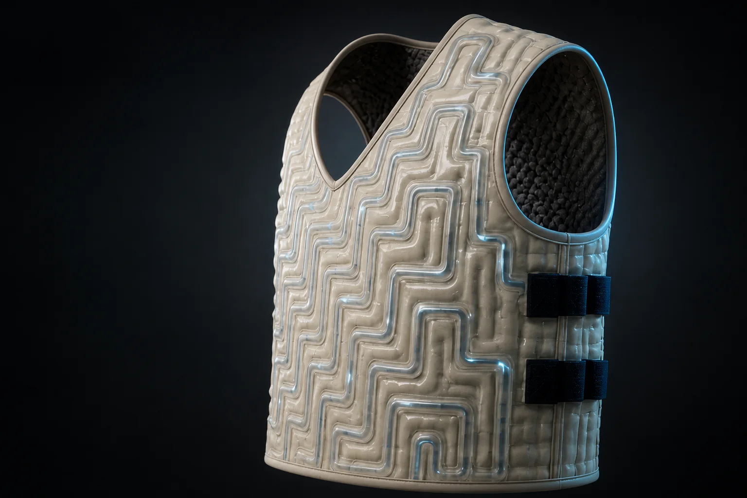 The ENDO.TER cooling vest in three-quarter view, its serpentine coolant channels catching a cool rim light.