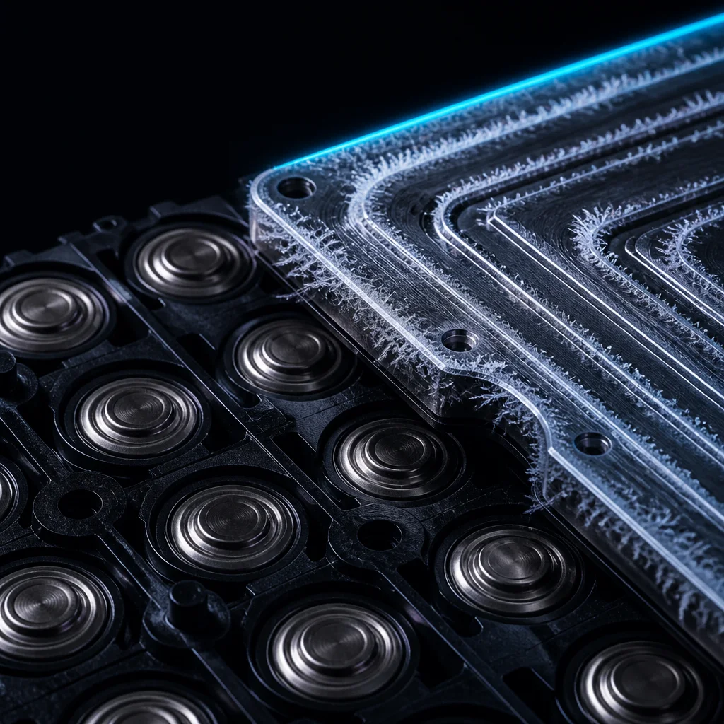 Cylindrical battery cells pressed against a frost-edged aluminium cooling plate.