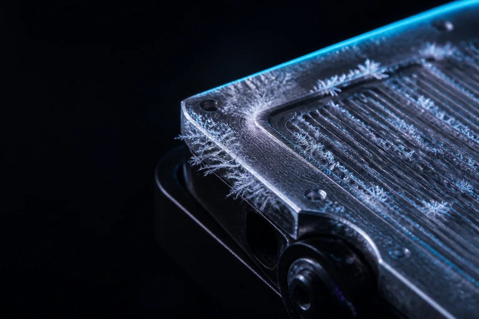 Frost forming across the micro-channels of a machined server cold plate.