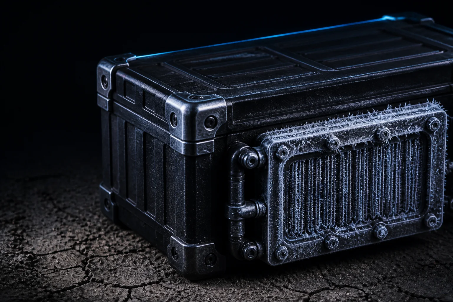 A ruggedised field enclosure with a frost-traced cooling manifold.