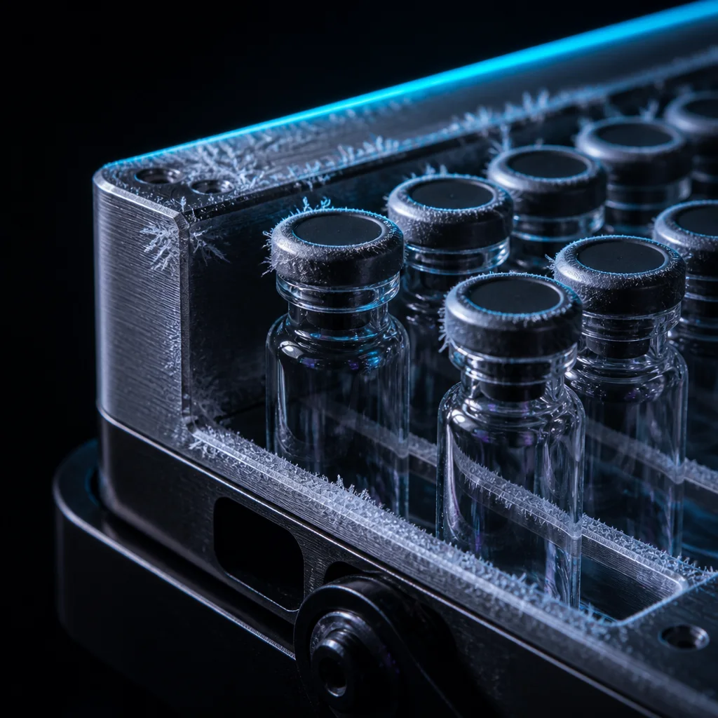 Borosilicate vials held in a frost-covered machined aluminium cooling rack.
